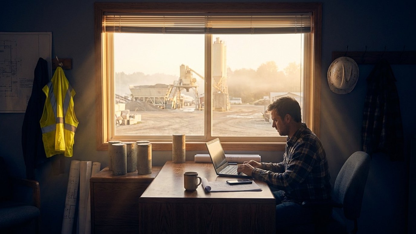 Salesman's office at sunrise overlooking the batch plant