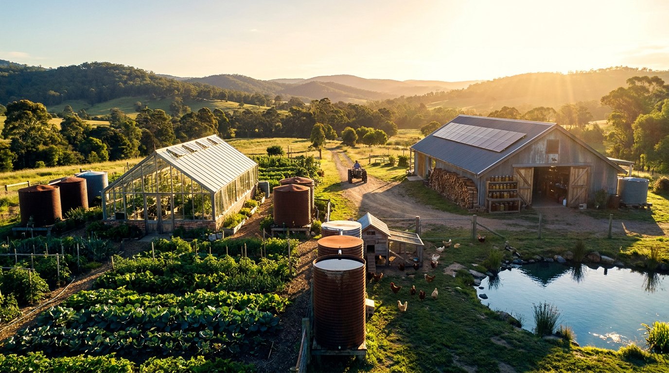 Self-sufficient homestead at golden hour